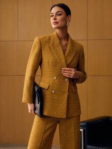 MOTF PREMIUM BLAZER DE LÃ DUPLA FILEIRA PARA OUTONO E INVERNO - Amarelo mostarda - Visão 4
