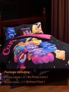 SHEIN X Care Bears 3 件套万圣节熊和心形印花床上用品套装，拉绒材质，柔软温暖，黑色羽绒被套，多种尺寸适合单人床/双人床/大号床/特大号床 - 彩色 - 查看 10