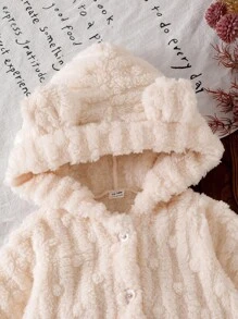 SHEIN Vintaside Kids 女童可爱熊耳朵连帽无袖夹克，蓬松舒适纽扣斗篷卡通趣味儿童外套，冬季