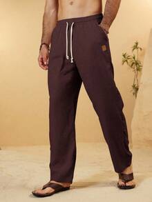 Manfinity Homme Pantaloni casual da uomo in lino tinta unita con vita con coulisse, pantaloni con coulisse, autunno