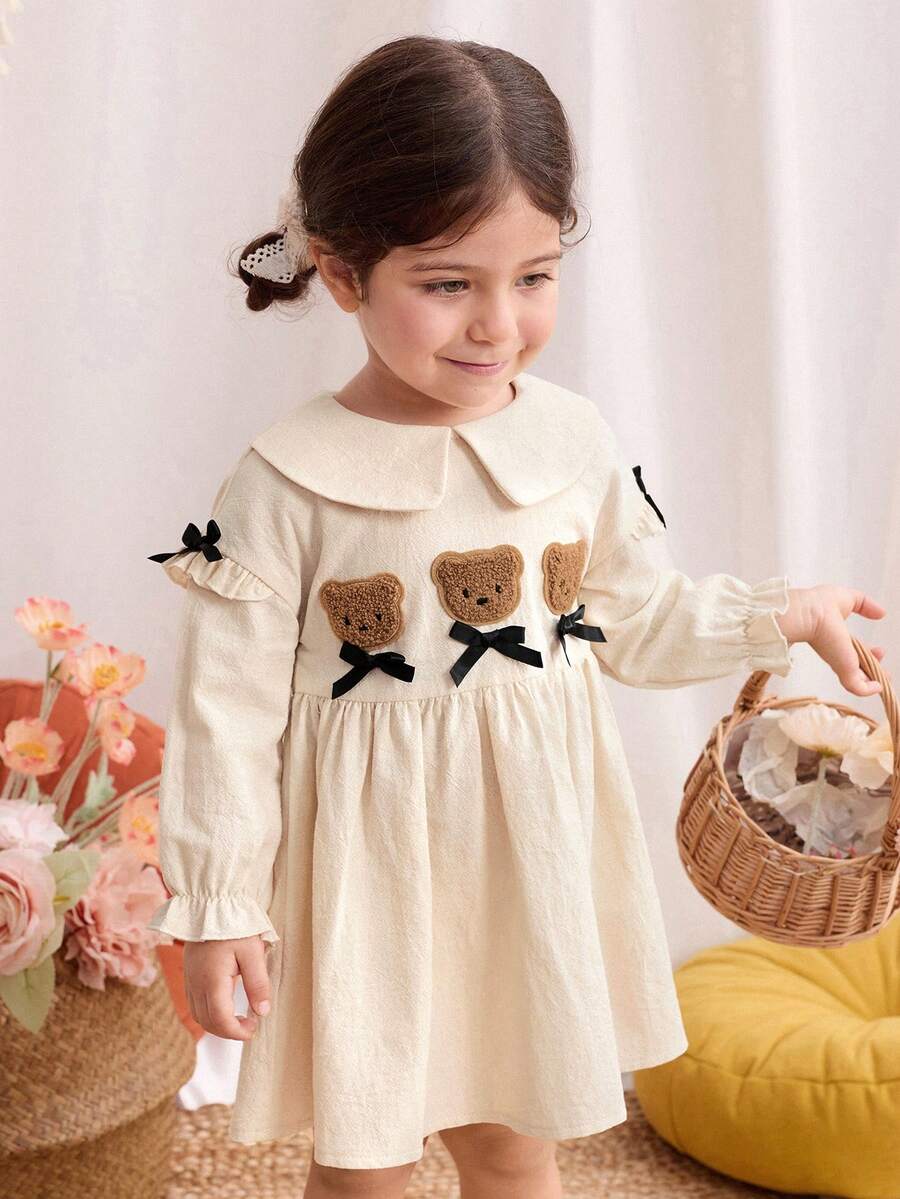 Blossori Baby Girls' French Elegant Embroidered Collar Long Sleeve Dress Fall Winter - Apricot - View 1