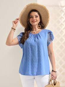EMERY ROSE Áo kiểu nữ cỡ lớn cổ tròn tay ngắn họa tiết hoa cánh hoa, thích hợp mặc mùa hè, đi nghỉ mát ở vùng nhiệt đới, kín đáo, chất liệu ren, hoa, mùa xuân. - Màu xanh lam - Xem 1