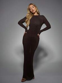 MISSGUIDED Vestido maxi de punto acanalado de manga larga y cuello alto, con ajuste ceñido para fiestas, clubes y eventos elegantes en invierno