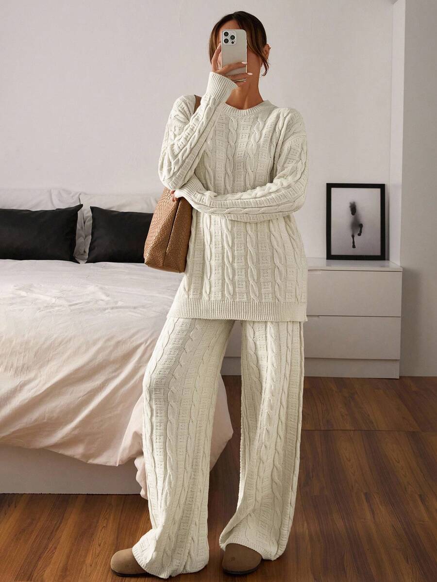 EURMUSE Women Cable Knit Sweater And Sweater Pant 2pcs Set Co-Ord Cable Two Pieces Sweater Set Women Comfortable Two Pieces Set Women's Two Pieces Lounge Set Cable Knit Two Pieces Set,Winter Clothes - Beige - View 1