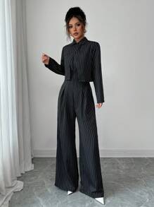 Selianne Elegant Black & White Striped Strapless Jumpsuit With Backless Design + Short Jacket, Women 2 Pieces Set, Autumn/Winter Fall Cloth For Women - Black - View 8