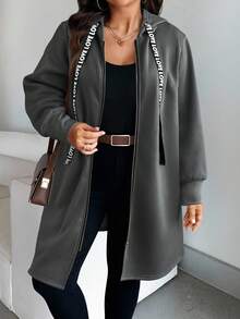 EMERY ROSE Plus Size Women's Letter Tape Drawstring Hooded Thermal Lined Long Casual Jacket, Autumn/Winter Fall - Dark Grey - View 5