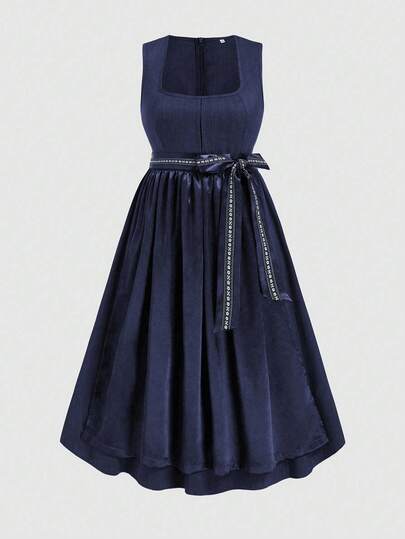 Fairmaia Plus Size Women's German Traditional Square Neck Waist Tie Ruched Sleeveless Dress, Halloween