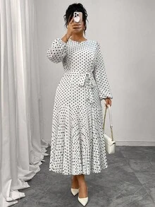 Auvina Vestido midi de talla grande para mujer, elegante, vintage, romántico, para uso diario y de fiesta, con cuello redondo, manga 3/4, lunares, cintura plisada y parches