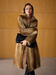 MOTF PREMIUM ELEGANT LONG FAUX FUR COLLAR COAT, AUTUMN/WINTER - Khaki - View 7