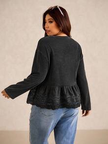 Elaquor Kaos Longgar Lengan Panjang Kasual Wanita Ukuran Besar dengan Hiasan Ruffle dan Patchwork, Musim Gugur - Hitam - View 3