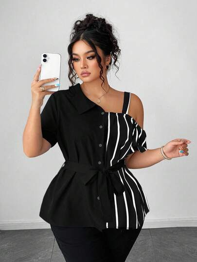 Elenzga Cămașă casual asimetrică cu dungi, cu mânecă scurtă și umeri căzuți, tip patchwork, mărime plus, potrivită pentru vacanță