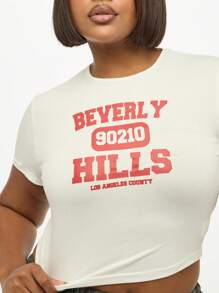 SUMWON Plus Size Beverly Hills Crop Top Short Sleeve Graphic Logo Los Angeles County Tee Streetwear Casual Summer Fashion Statement T-Shirt - White - View 4