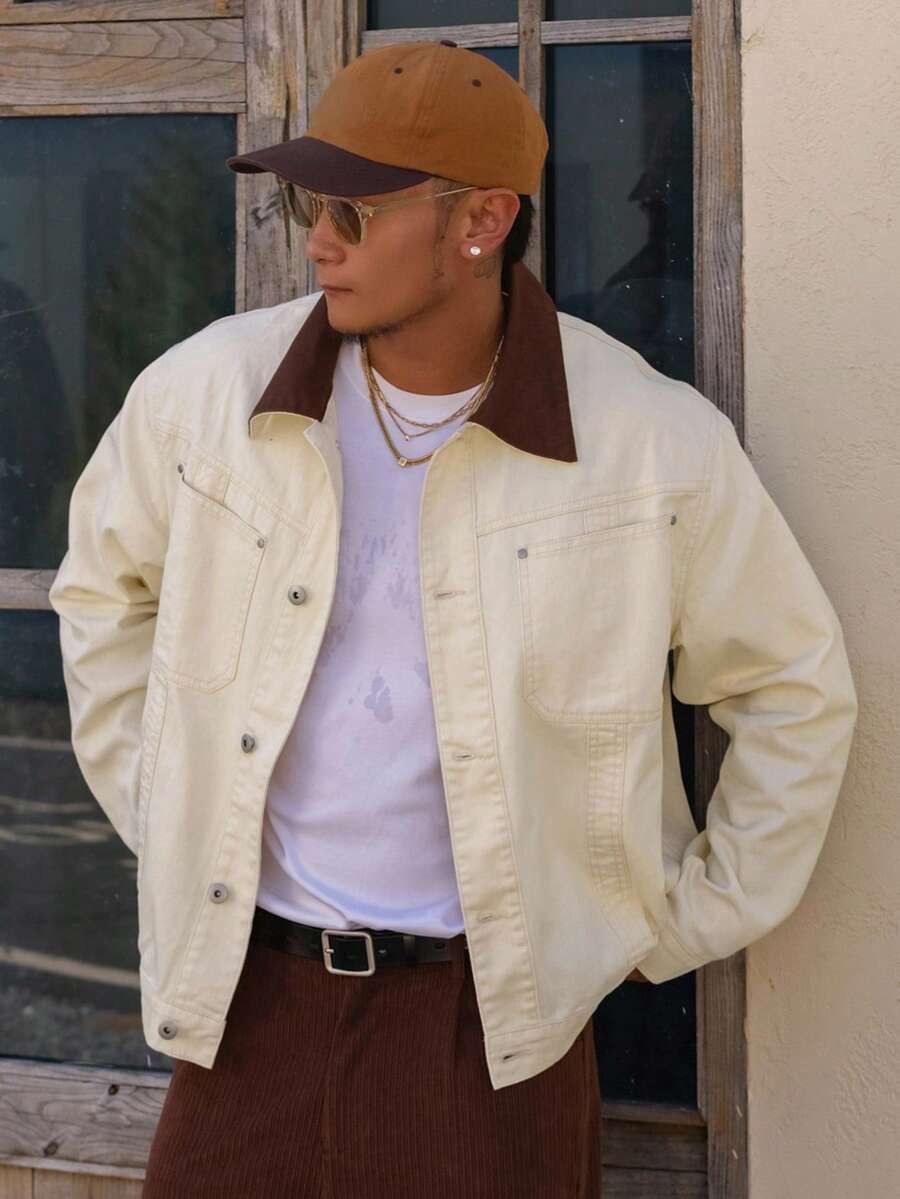 DAZY Men's Autumn Colorblock Button Front Pocket Long Sleeve Denim Jacket - Khaki - View 1