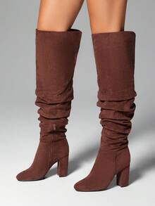 SHUZIA Women's Glamorous Round Toe Block Heel Over-The-Knee Slouchy Boots - Brown - View 2