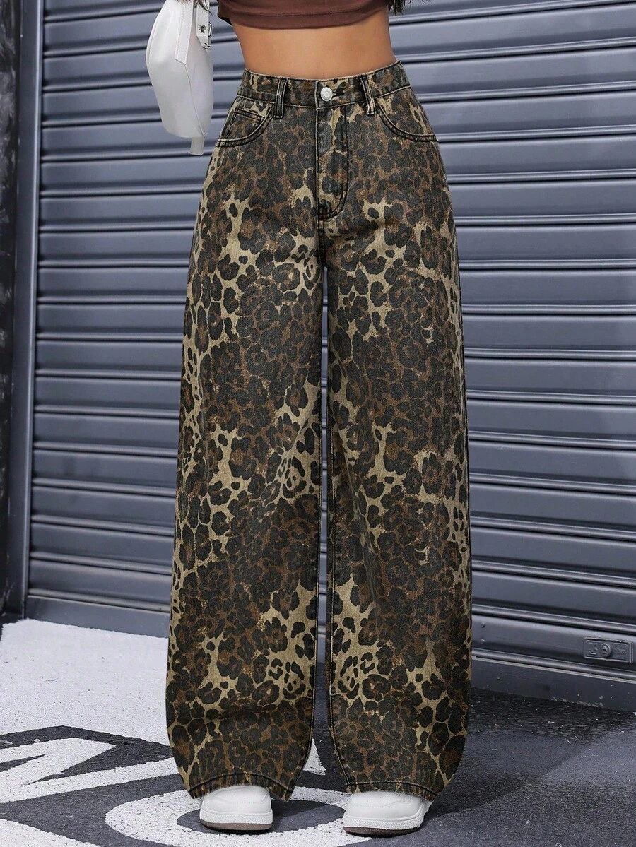 SHEIN ICON 女式时尚豹纹口袋宽松牛仔裤 - 彩色 - 查看 1