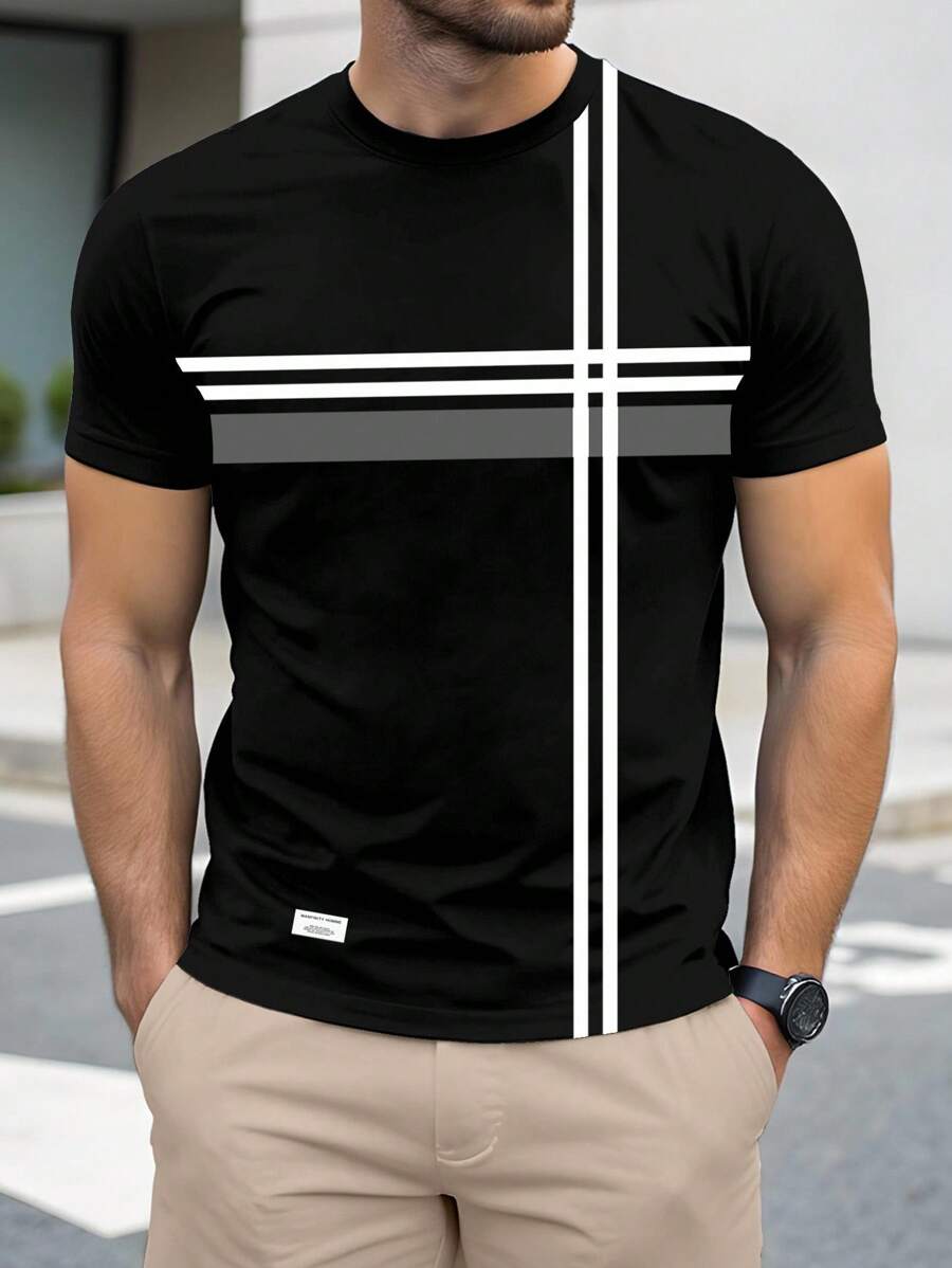 Manfinity RelaxMax Men's Summer Striped Crew Neck Short Sleeve Casual Versatile T-Shirt - Black - View 1