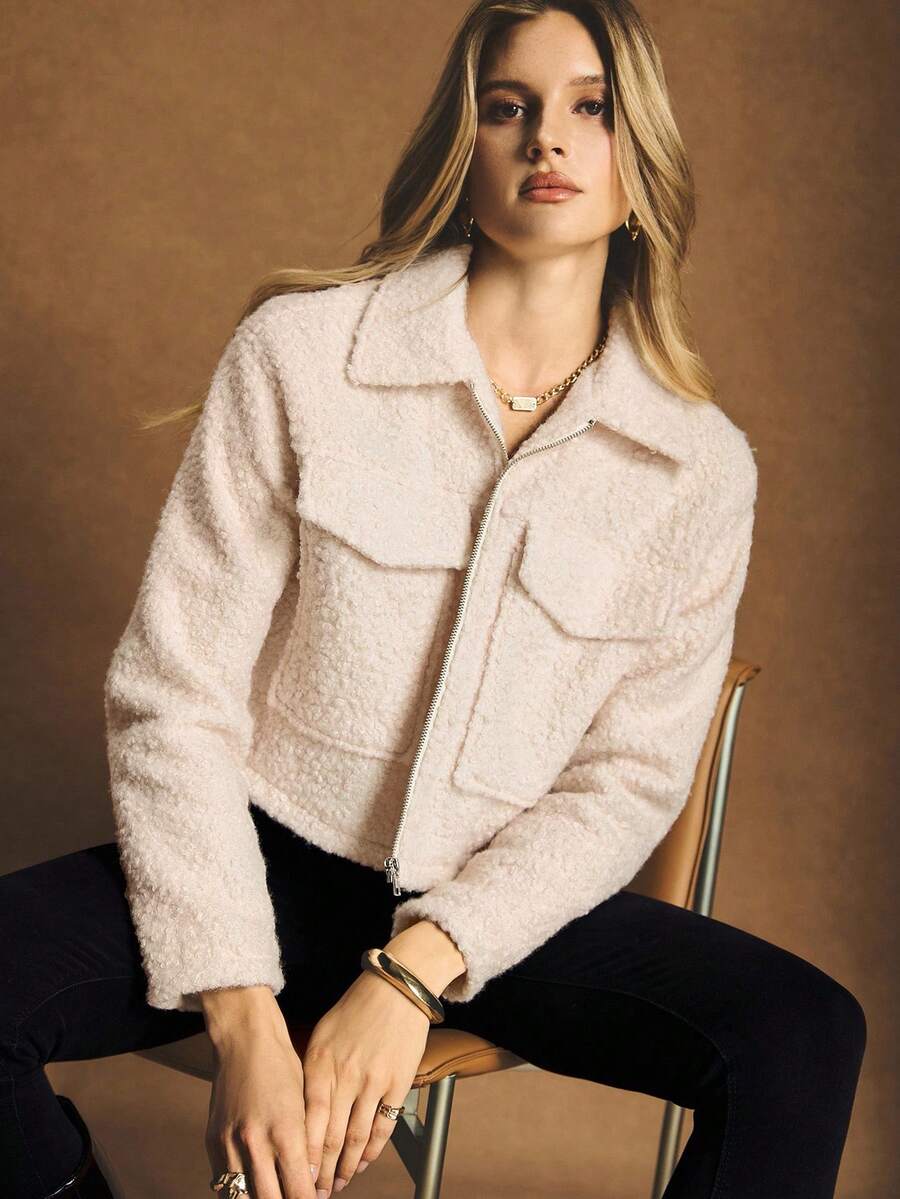 Poéselle 女式纯色长袖实用口袋羊毛休闲夹克,秋冬 - 白色 - 查看 1