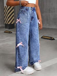 SHEIN 青少年女孩 Y2K 时尚石洗宽松牛仔直筒牛仔裤，带蝴蝶结装饰口袋，女孩秋季服装返校装 - 中等水洗藍 - 查看 5