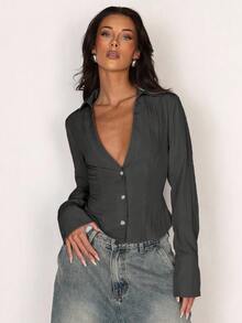 SHEIN Glamour 女式长袖修身V领衬衫秋季女装返校季 - 深灰色 - 查看 5