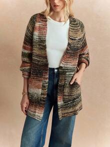 Écloséra Áo khoác cardigan dáng rộng cổ chữ V tay dài họa tiết màu tương phản kiểu Pháp cổ điển cài nút đơn, hai túi dành cho nữ, mùa xuân/thu - Nhiều màu - Xem 2