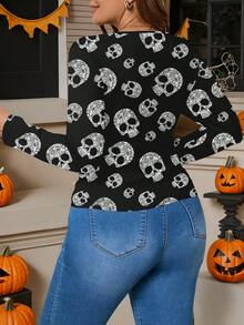EMERY ROSE Áo thun cổ tròn tay dài in hình đầu lâu tối giản phong cách Halloween thường ngày cỡ lớn dành cho nữ, mùa thu/xuân, trang phục Halloween, quần áo Halloween cỡ lớn mùa thu dành cho nữ - Nhiều màu - Xem 2