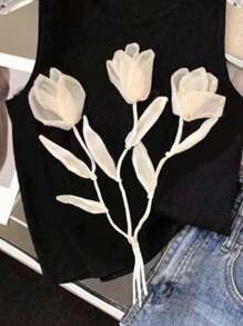 Franclia 黑色 3D 郁金香花卉休闲简约风格女式背心 - 黑色 - 查看 5