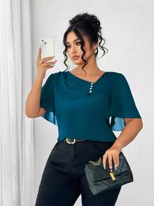 Elenzga 加大码不对称荷叶边领纽扣装饰短袖优雅衬衫优雅上衣蓝绿色衬衫蓝色上衣蓝绿色上衣女式衬衫 - 水鴨藍 - 查看 5