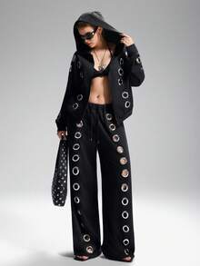 LYSMO 大码休闲宽松哈伦裤，前环设计，时尚，适合秋冬 - 黑色 - 查看 6