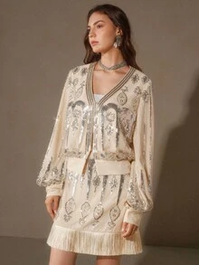 Anewsta 女款優雅亮片與珠飾網飾復古風透視長袖短版夾克派對上衣 - 杏色 - 查看 7