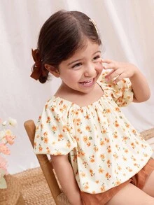 Blossori Blusa con volantes en el bajo con estampado floral amarillo para niñas, estilo vacaciones en el campo - Multicolor - Ver 7