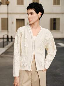 Uhlyne Cardigan bianco vintage francese da donna in maglia, con motivo a trecce e fiori 3D all'uncinetto, adatto per Ognissanti, primavera/autunno/inverno, stile vintage, abbigliamento da lavoro, ufficio, insegnante, ritorno a scuola, autunno, casual business, stile old money, preppy accademica - Albicocca - Visualizzare 3