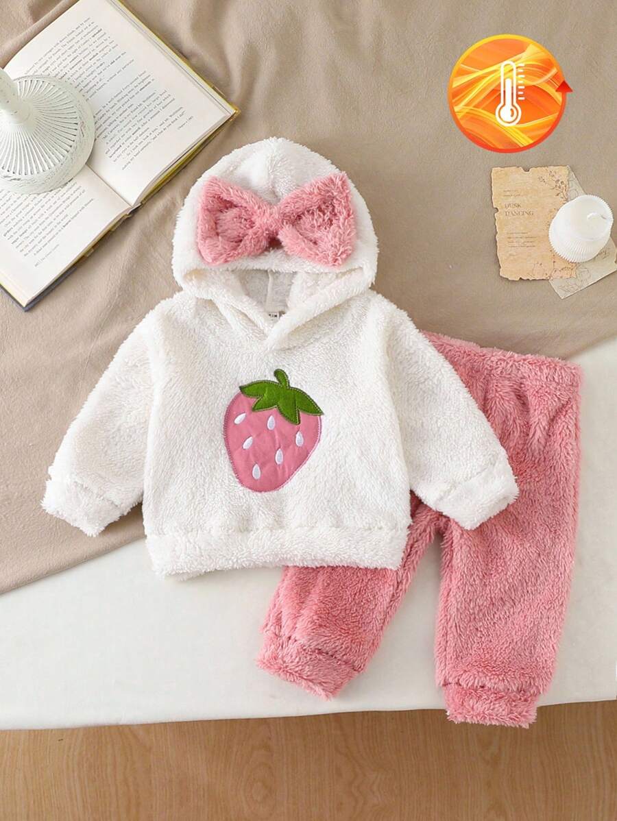 SHEIN Infant & Toddler Girls' Casual Minimalist Strawberry Embroidered Bow Fluffy Hooded Sweatshirt And Pink Fluffy Fabric Pants Set, Suitable For Everyday Wear Outings In Autumn/Winter Baby Girl Clothes Toddler Strawberry Clothes Baby Girl Sweatsuit Fall - Multicolor - View 1
