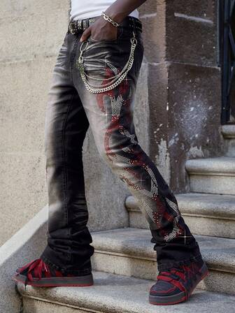 Street Life Men's Low Waist Fashionable Rhinestone Embellished Casual Jeans