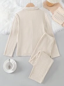 Girls Apricot Fleece Ribbed Letter Embroidery Cardigan & Pants Loungewear Set Two Piece Sleepwear Set Fall Winter - Apricot - View 2