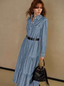 MOTF PREMIUM 翻盖口袋纽扣层叠荷叶边下摆牛仔衬衫裙（无腰带） - 淺灰色 - 查看 5