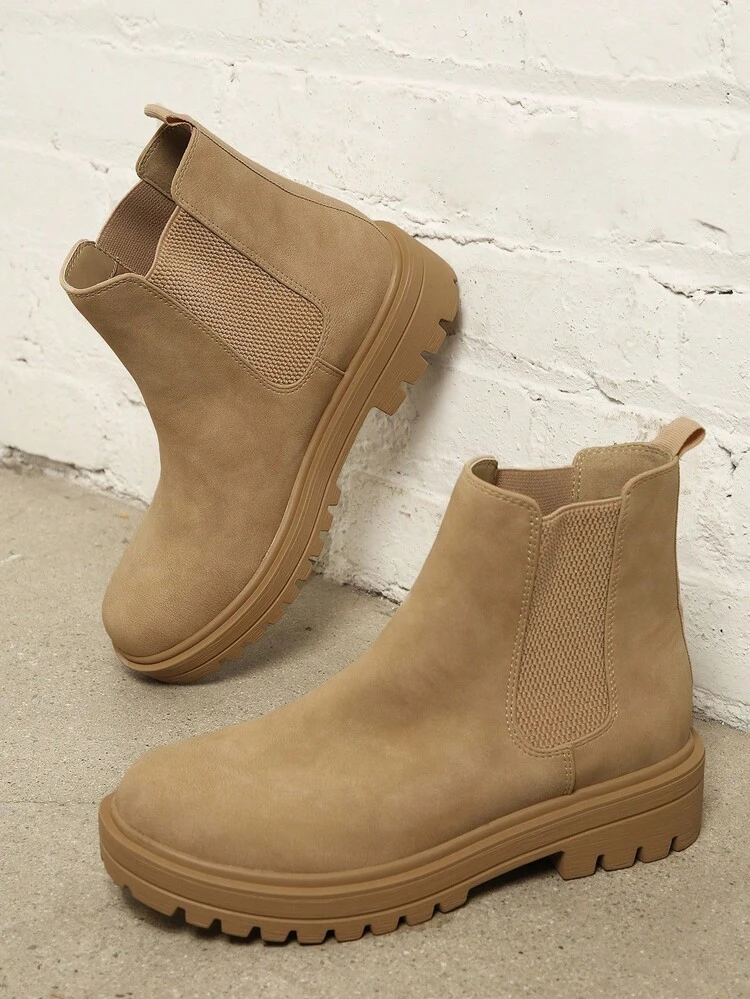 Top-Seller Women's Slip-On Round Toe Chunky Lug Sole Nub Beige Chelsea Boots –Comfortable & Classic For Christmas Valentine's Day
