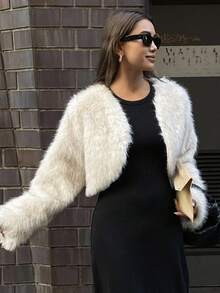 DAZY 女士时尚前开襟短款毛绒外套，秋冬季Y2K女式外套 - 棕色 - 查看 6