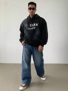 DAZY 男士字母印花水洗黑色连帽衫，街头风格，秋季 - 黑色 - 查看 4