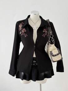 Viva Relle Plus Size Long Sleeve Embroidered Collar Blouse, Slimming Fitted Shirt Fall Cloth For Women - Black - View 4
