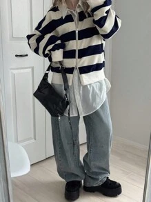 FRIFUL 女士圆领前开条纹面料宽松灯笼袖厚学院风长袖运动衫夹克 - 黑色 - 查看 3