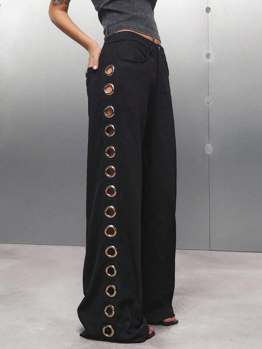SHEIN EZwear Quần ống rộng dáng rộng màu trơn thiết kế khoét túi cỡ lớn dành cho nữ, quần Palazzo màu đen, quần khoét lỗ, quần có dây rút, quần dài màu đen dành cho nữ - màu đen - Xem 1