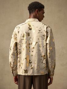 AKNOTIC Business Casual 男士杏色前开襟纽扣领休闲宽松箔面衬衫，Emo风格，适合秋季，长袖上衣 - 杏色 - 查看 6