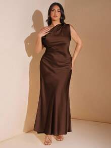 SHEIN BAE Women's Elegant Chocolate Brown Satin Maxi Dress,Winter Wedding Guest Asymmetric One Shoulder Hollow Backless Tie Up Formal Party Cocktail Dress - Coffee Brown - View 2