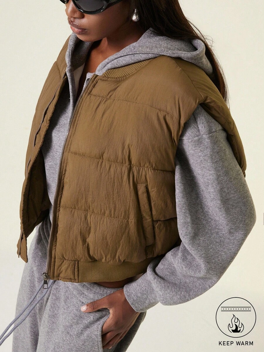 GENKIRA 女士夹棉背心夹克，新款短款飞行员背心外套，修身棒球领背心 - 棕色 - 查看 1