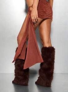 SUMWON WOMEN 绒面革裹身迷你裙，带侧系带细节，俱乐部夜场派对节日沙滩装，纱笼风格女式下装 - 棕色 - 查看 2