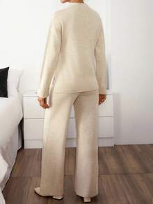 EURMUSE Women Rhinestone Floral Shaped Sweater And Sweater Pant 2pcs Set Co-Ords,Winter Clothes - Beige - View 2