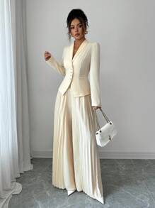 Selianne 优雅女士套装，含长袖收腰夹克和阔腿褶皱裤 - 杏色 - 查看 4