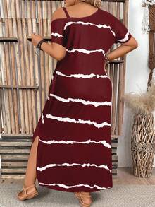 EMERY ROSE Plus Size Women's Casual Striped Minimalist Daily Dress, Asymmetric Neckline Side Slit Pocket Dress. Women's Long Dress, Extra Long Loose Vacation Style Dress