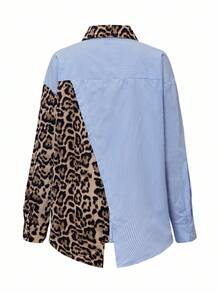 EMERY ROSE 秋季法式优雅豹纹拼色条纹宽松休闲长袖衬衫女士衬衫 - 棕色 - 查看 8