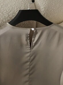 SHEIN Franclia 女士纯色圆领长袖衬衫和褶皱阔腿裤两件套 - 咖啡棕 - 查看 6